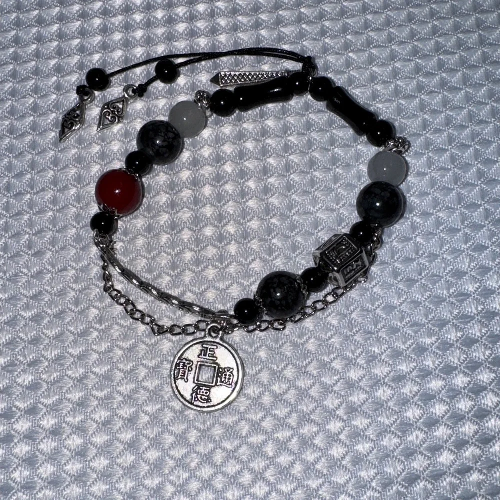 BOHO Bracelet Asian Coin Glass Bead Silver Detail Chain Stretch 6”- 6.5” New - Picture 4 of 16
